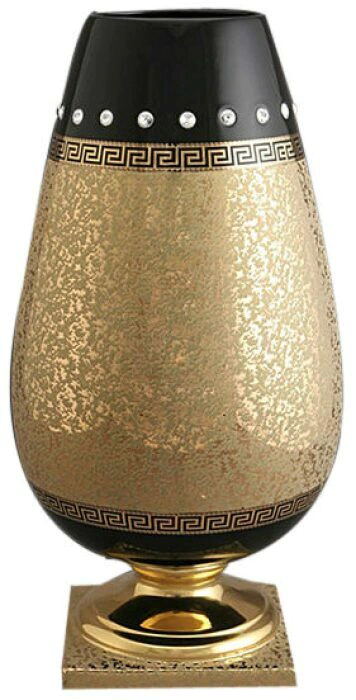 The vase is black with gold