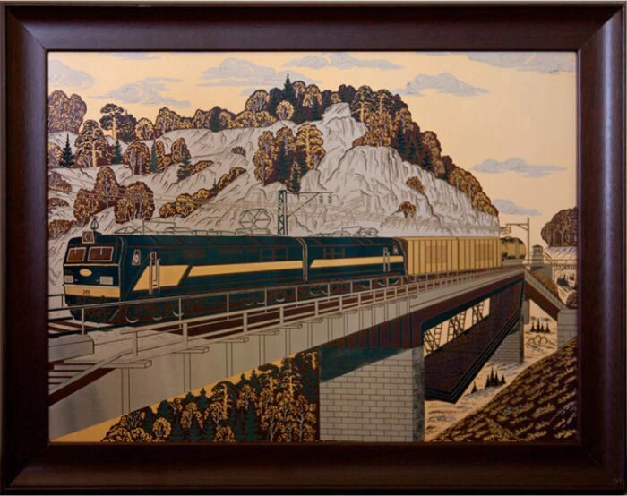 Engraving "Train on the bridge" Zlatoust