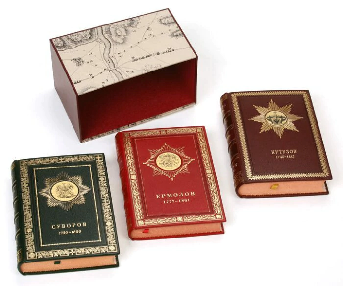Leather-bound books "Great Russian generals. Suvorov. Kutuzov. Ermolov" in 3 volumes 