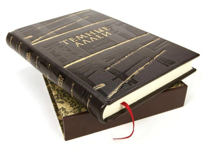 The leather-bound book "Dark Alleys" by I. Bunin