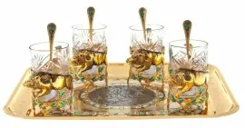 Чайный набор "Кабаны" на 4 персоны, с эмалью, Златоуст Чайный набор "Кабаны" на 4 персоны, с эмалью, Златоуст