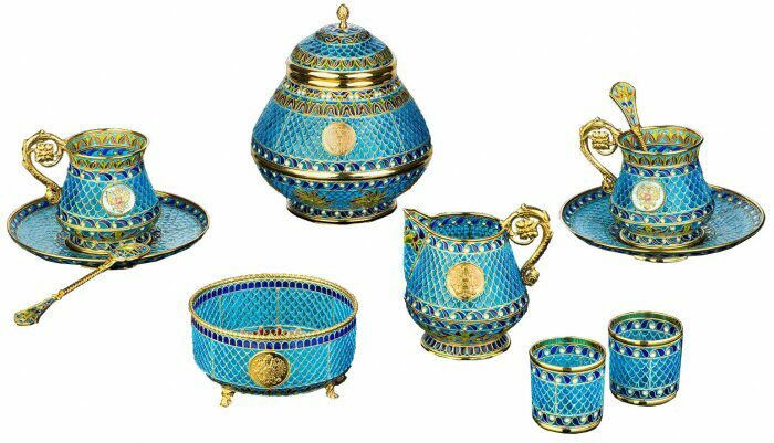 Coffee set for 2 persons "Coat of Arms" with stained glass enamels
