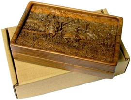 Domino in a carved oak casket "The duel of Peresvet with Chelubey on Kulikovo field" (stained oak)