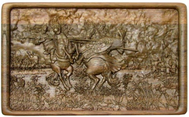 Domino in a carved oak casket "The duel of Peresvet with Chelubey on Kulikovo field" (stained oak)
