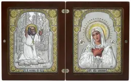 Двойной створчатый складень "Божия Матерь Умиление и Моление Серафима Саровского на камне" коричневая Двойной створчатый складень "Божия Матерь Умиление и Моление Серафима Саровского на камне" коричневая