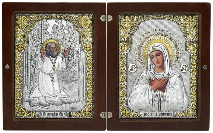 Double fold "The Mother of God's Tenderness and Prayer of Seraphim of Sarov on a stone" brown