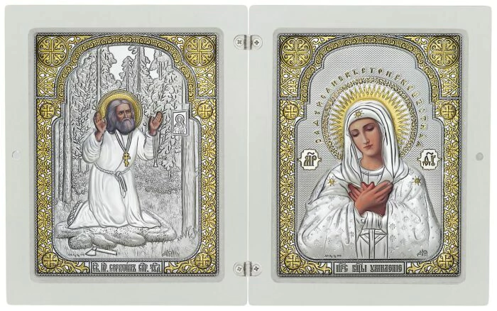 Double fold "The Mother of God's Tenderness and Prayer of Seraphim of Sarov on a stone" white color