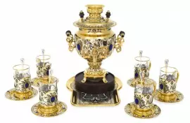 Чайный набор с самоваром "Русское застолье" на 6 персон, с лазуритом, Златоуст