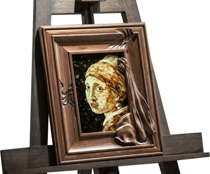 Panel made of wood and amber "A woman with a pearl earring"