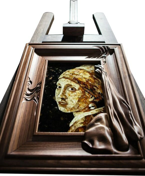 Panel made of wood and amber "A woman with a pearl earring"