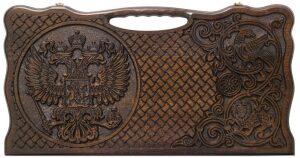 Backgammon carved "Coat of Arms of the Russian Federation" with a handle