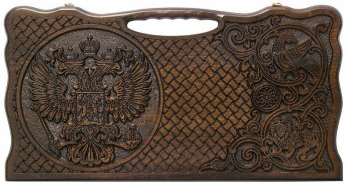 Backgammon carved "Coat of Arms of the Russian Federation" with a handle