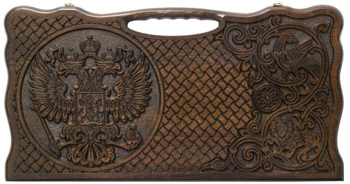 Backgammon carved "Coat of Arms of the Russian Federation" with a handle