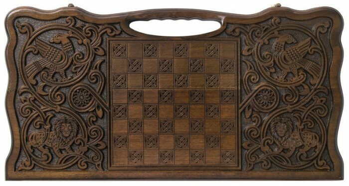 Backgammon carved "Coat of Arms of the Russian Federation" with a handle