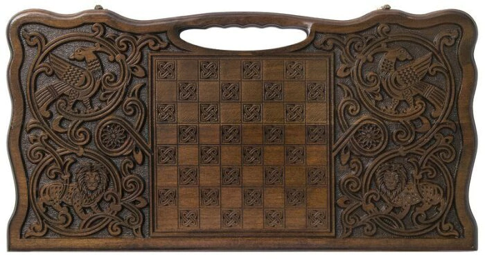 Backgammon carved "Coat of Arms of the Russian Federation" with a handle
