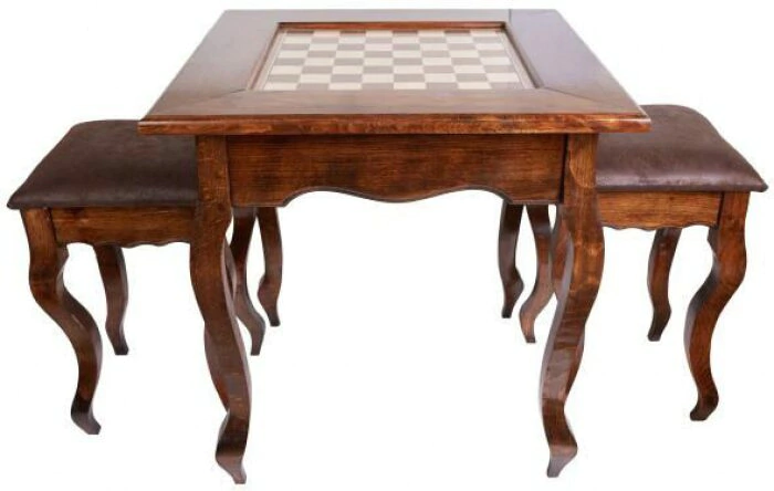 Classic beech chess table with carved stools