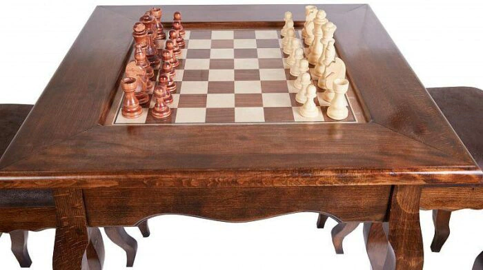 Classic beech chess table with carved stools