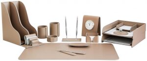 Table set "Business Cuoietto" (Cafe Latte color, 16 pieces) with clock
