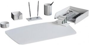 Table set "Business Cuoietto" (color White, 7 pieces) with a 4/2 blotter