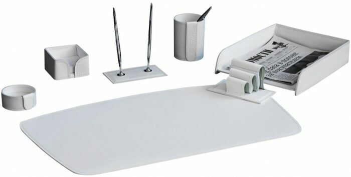Table set "Business Cuoietto" (color White, 7 pieces) with a 4/2 blotter