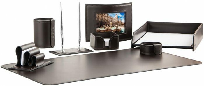 Desktop set "Business Cuoietto" (Choco color, 8 pieces) with photo frame