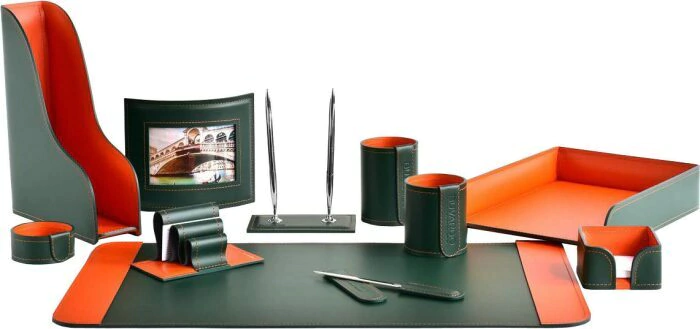 Настольный набор "Business Cuoietto Green-Orange, 11 предметов с фоторамкой