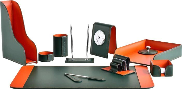 Настольный набор "Business Cuoietto Green-Orange, 11 предметов с часами