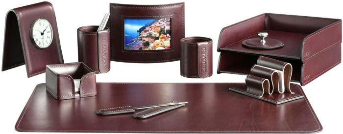 Настольный набор "Lux Full Grain Bologna Brown, 11 предметов с часми