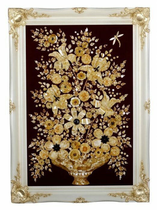 Decorative amber panel "Flower vase" in a white frame