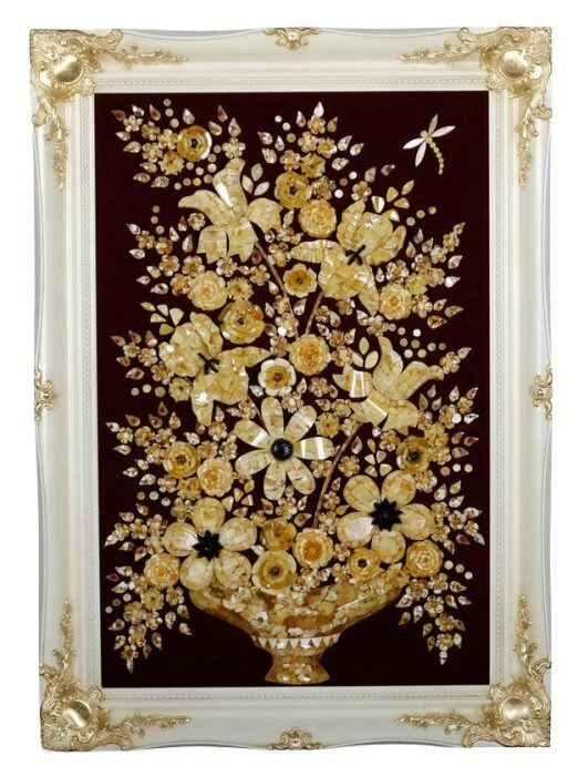 Decorative amber panel "Flower vase" in a white frame