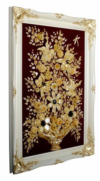 Decorative amber panel "Flower vase" in a white frame