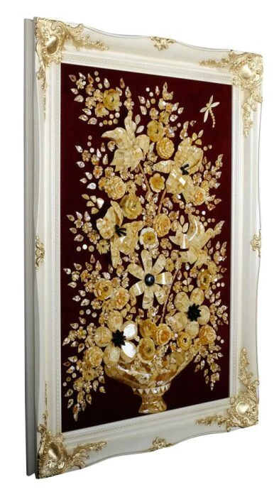 Decorative amber panel "Flower vase" in a white frame