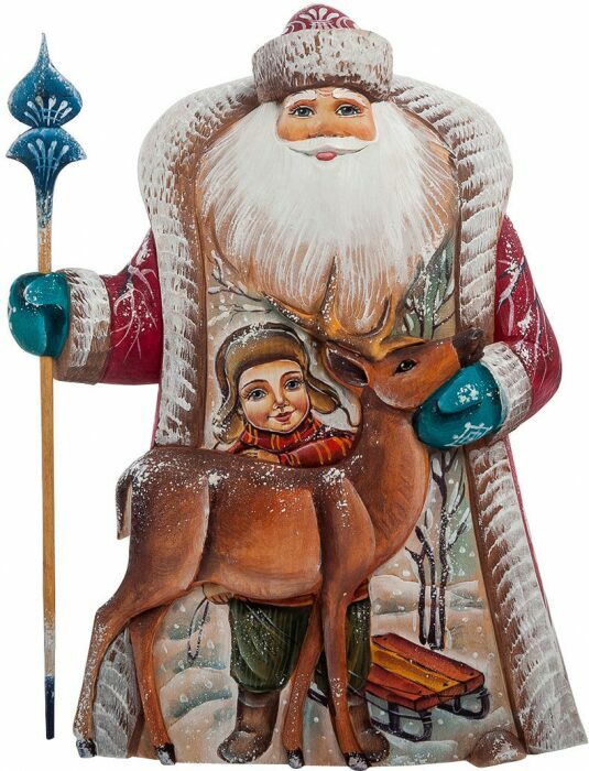 Carved statuette "Santa Claus with a deer" (with a boy)