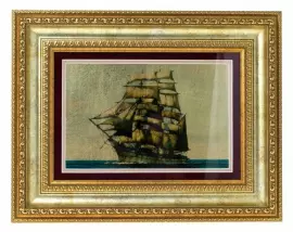 Картина на сусальном золоте "Морской пейзаж" красный бархат