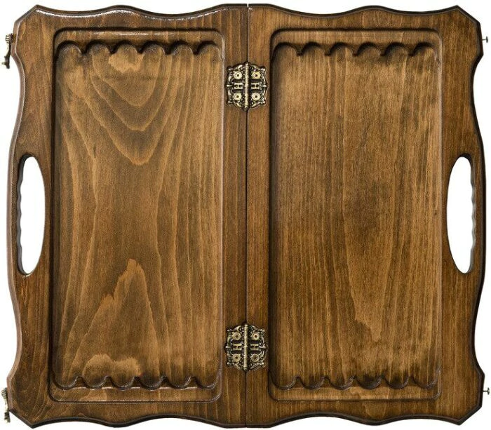 A small carved "Mountain Peaks" game set (chess, backgammon and checkers) with a handle