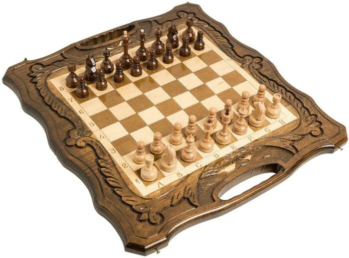 Carved chess, backgammon and checkers made of beech "Mountain peaks" medium, with a handle
