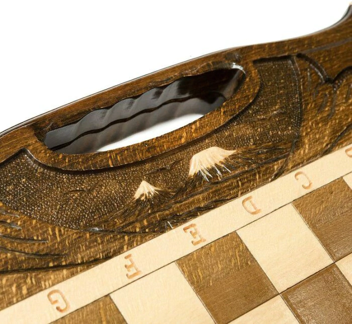 Carved chess, backgammon and checkers made of beech "Mountain peaks" medium, with a handle