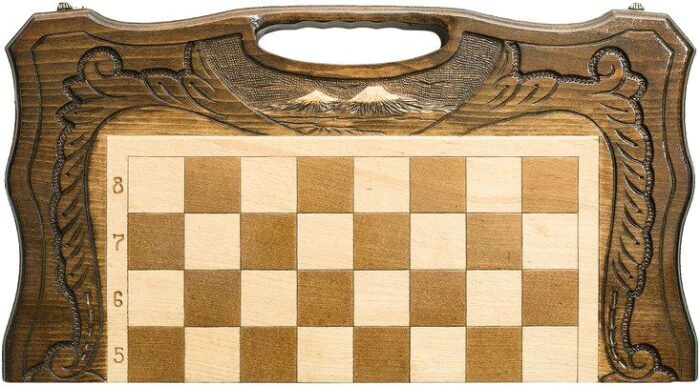 Carved chess, backgammon and checkers made of beech "Mountain peaks" medium, with a handle
