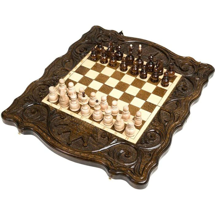 Small carved "Crown of the Monarch" game set (chess, backgammon and checkers)