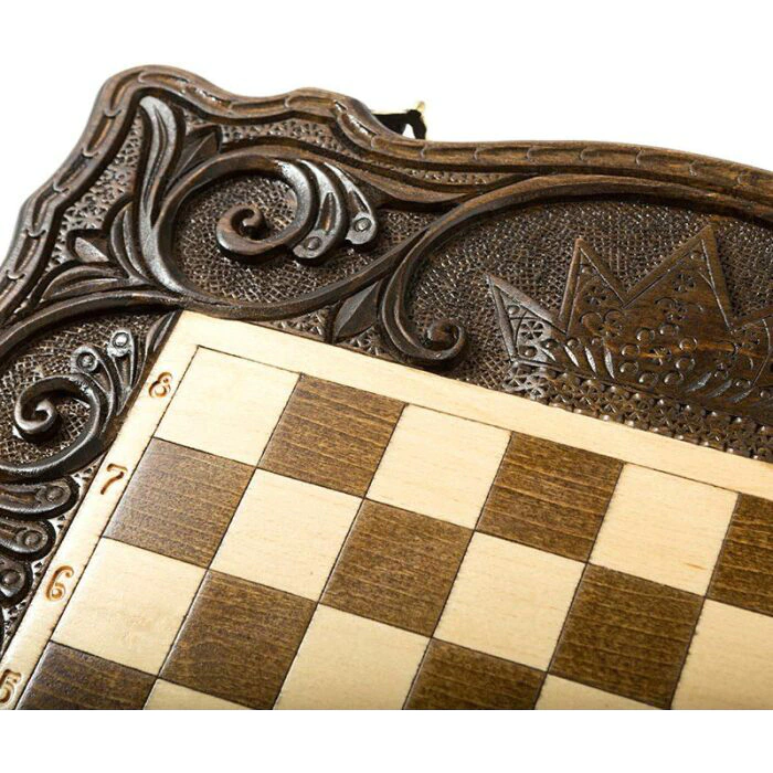 Small carved "Crown of the Monarch" game set (chess, backgammon and checkers)