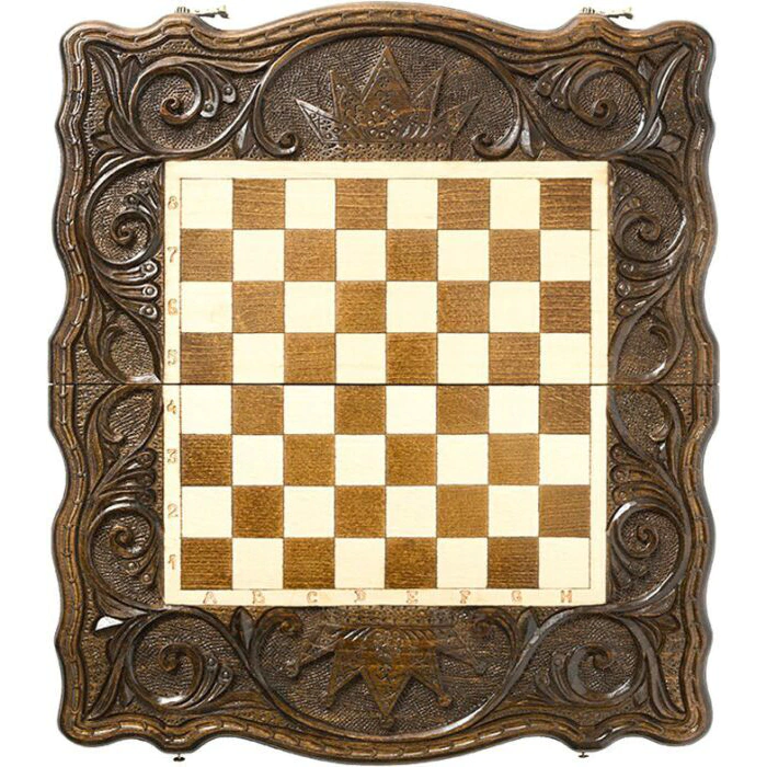 Small carved "Crown of the Monarch" game set (chess, backgammon and checkers)