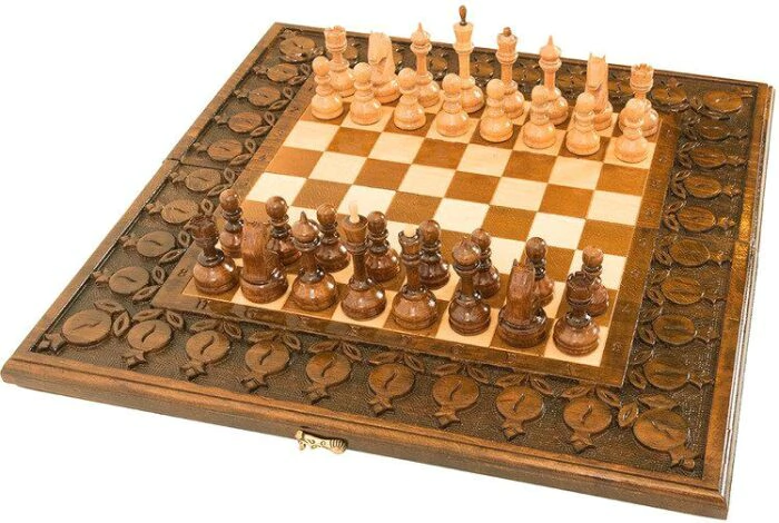 Carved "Grenadine" game set (chess, backgammon and checkers)