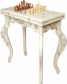 Шахматный стол из бука "Симфония" резной, белый с шахматами и нардами