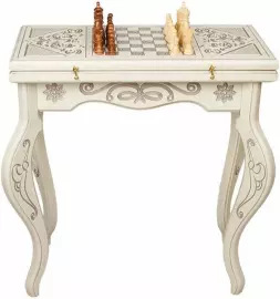 Шахматный стол из бука "Симфония" резной, белый с шахматами и нардами