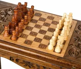 Шахматный стол из бука "Симфония" резной, с шахматами и нардами