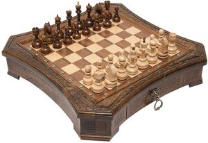 Carved chess set in the Octagon casket with drawers
