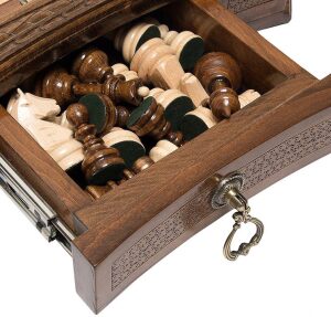 Carved chess set in the Octagon casket with drawers