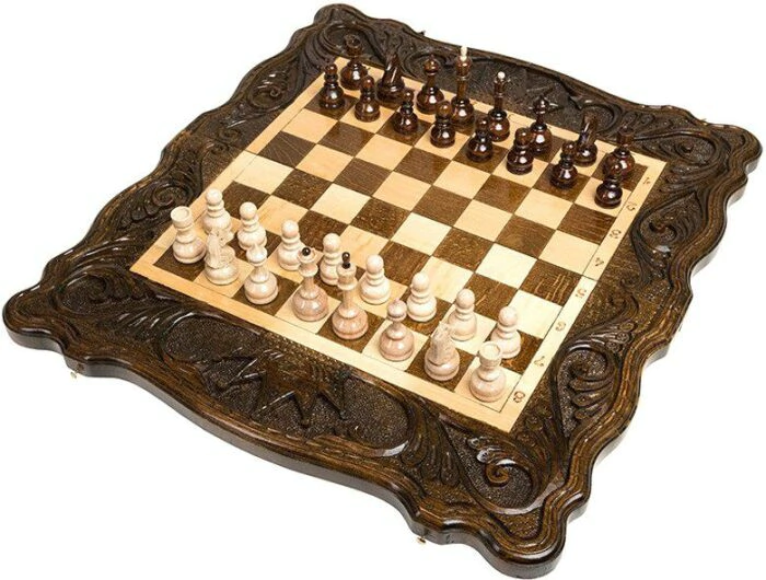 Carved chess, backgammon and checkers from beech "Crown of the Monarch" medium