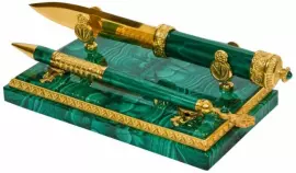 Набор настольный "Нож и ручка на подставке" из малахита