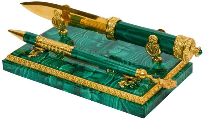 Table set "Knife and pen on a stand" made of malachite